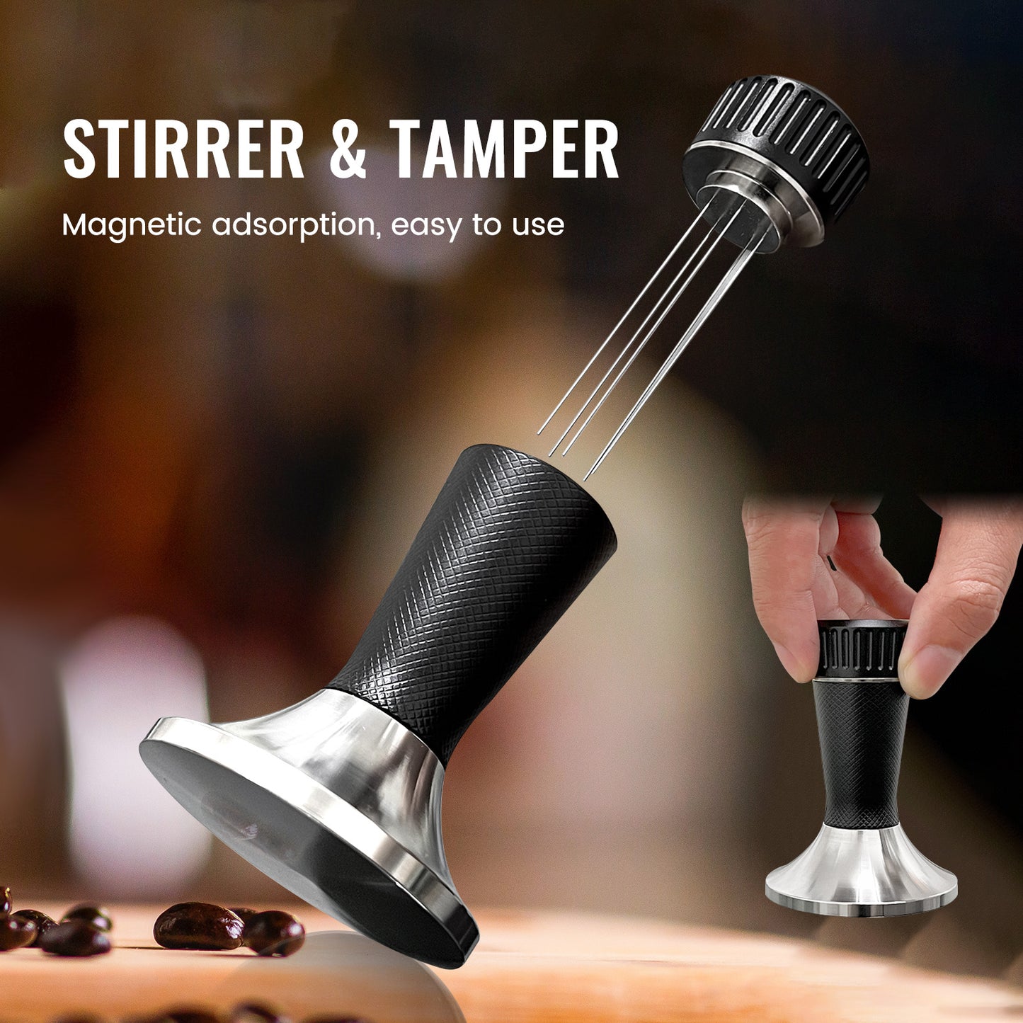 2 in 1 53.3mm Espresso Tamper & WDT Tool, Coffee Tamper with Espresso Stirrer, Convex Curved Base, Stainless Steel, Espresso Presser Tool, Tamper for Breville Espresso Machine (Black)