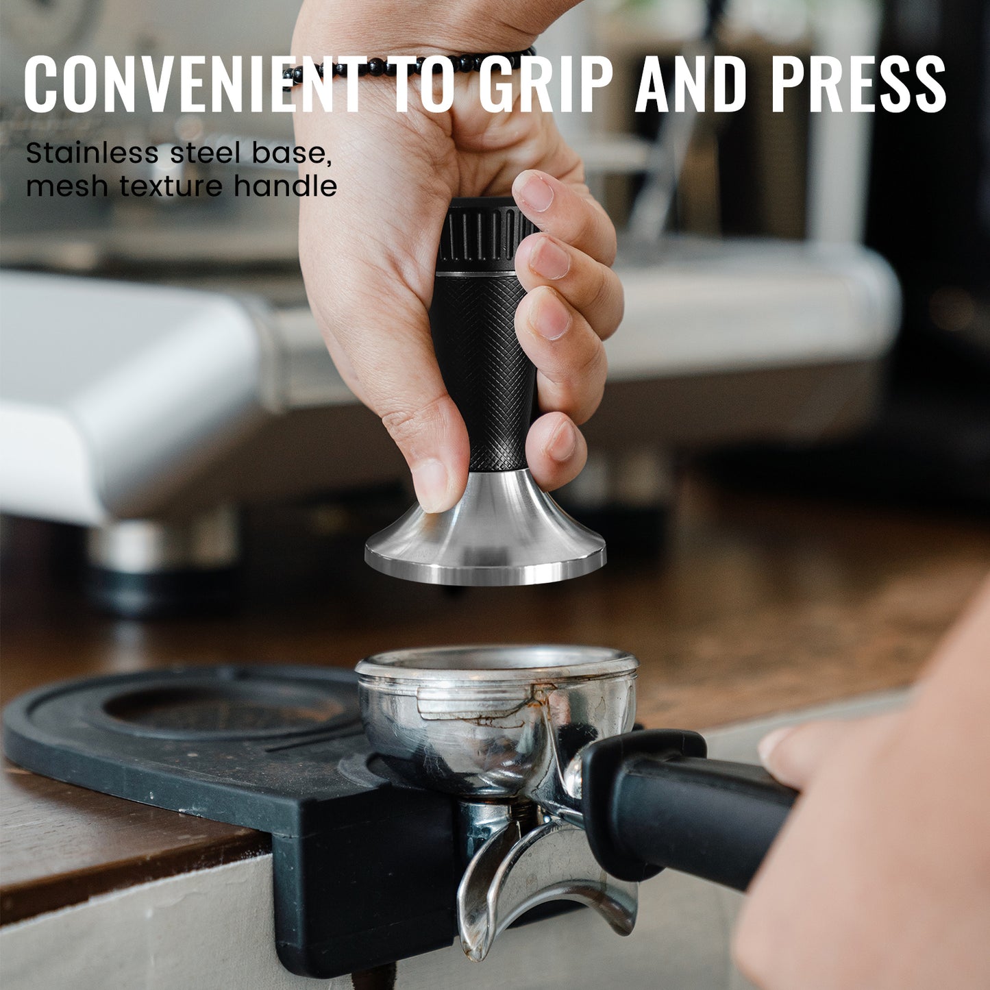 2 in 1 53.3mm Espresso Tamper & WDT Tool, Coffee Tamper with Espresso Stirrer, Convex Curved Base, Stainless Steel, Espresso Presser Tool, Tamper for Breville Espresso Machine (Black)