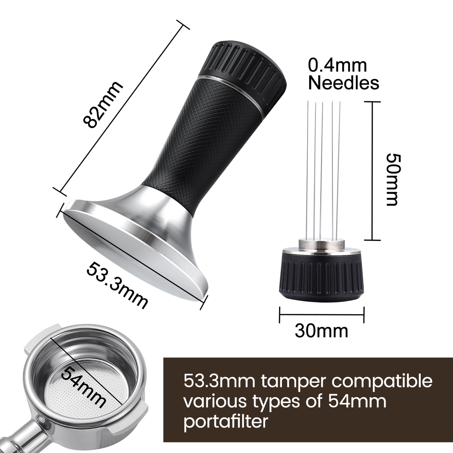 2 in 1 53.3mm Espresso Tamper & WDT Tool, Coffee Tamper with Espresso Stirrer, Convex Curved Base, Stainless Steel, Espresso Presser Tool, Tamper for Breville Espresso Machine (Black)