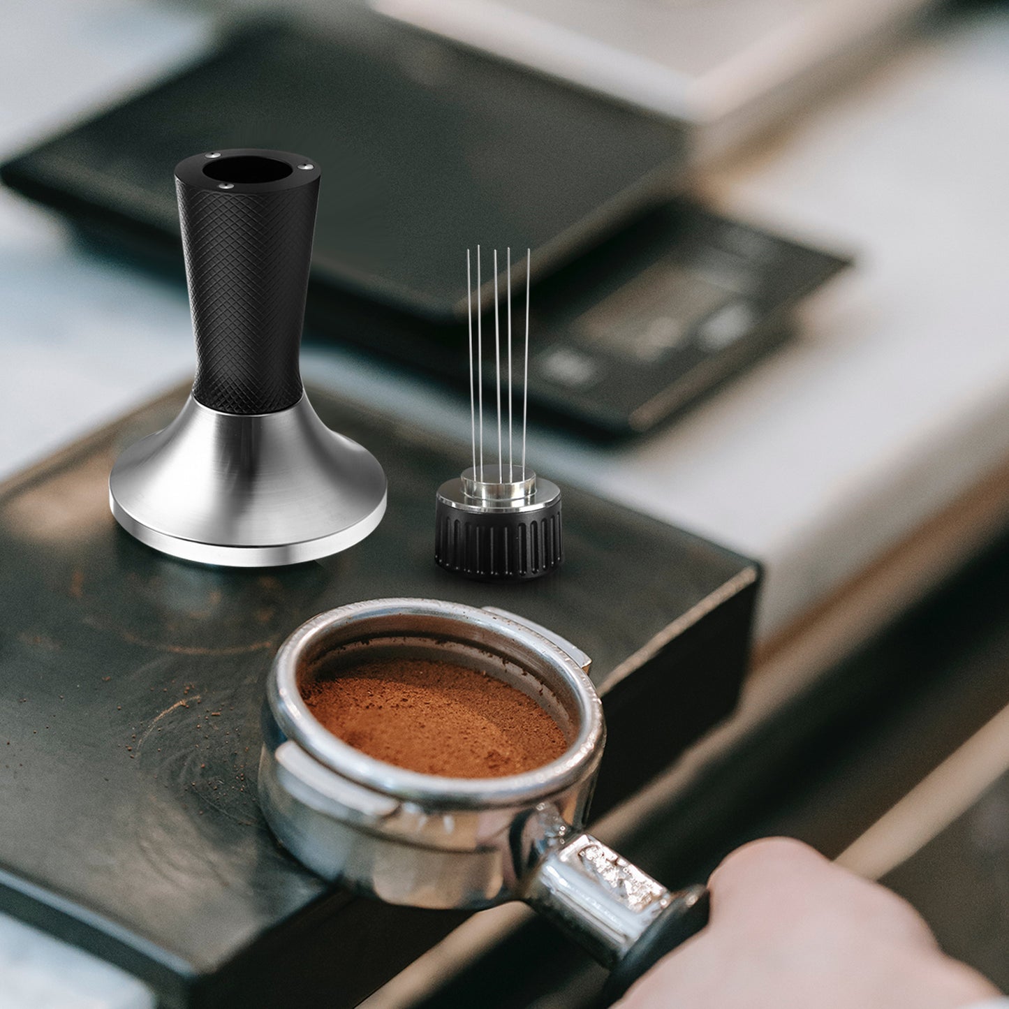 2 in 1 53.3mm Espresso Tamper & WDT Tool, Coffee Tamper with Espresso Stirrer, Convex Curved Base, Stainless Steel, Espresso Presser Tool, Tamper for Breville Espresso Machine (Black)