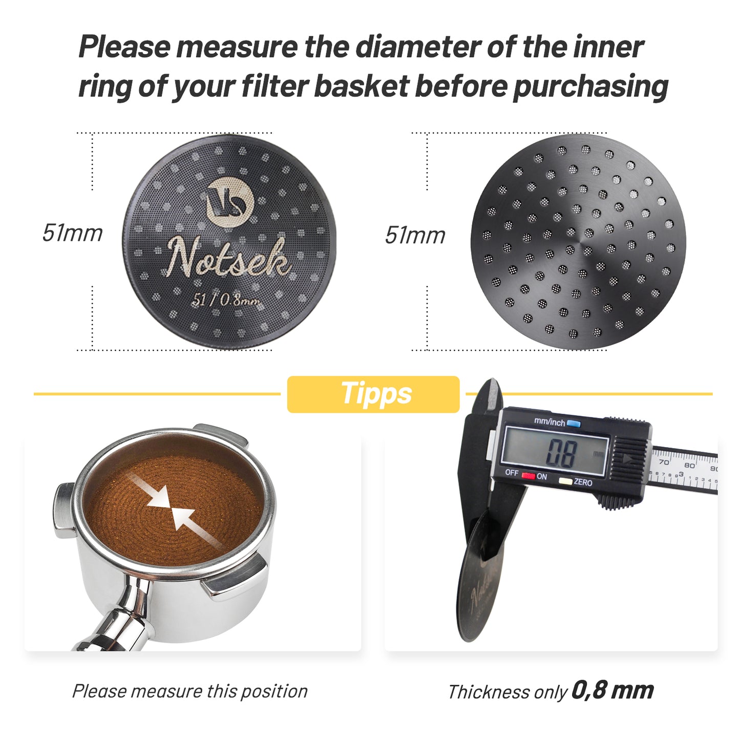 NOTSEK 51mm Puck Screen, 0.8mm Thickness Espresso Puck Screen with Titanium Coating, 304 Stainless Steel Puck Screen for 51mm Portafilter Basket (Black)