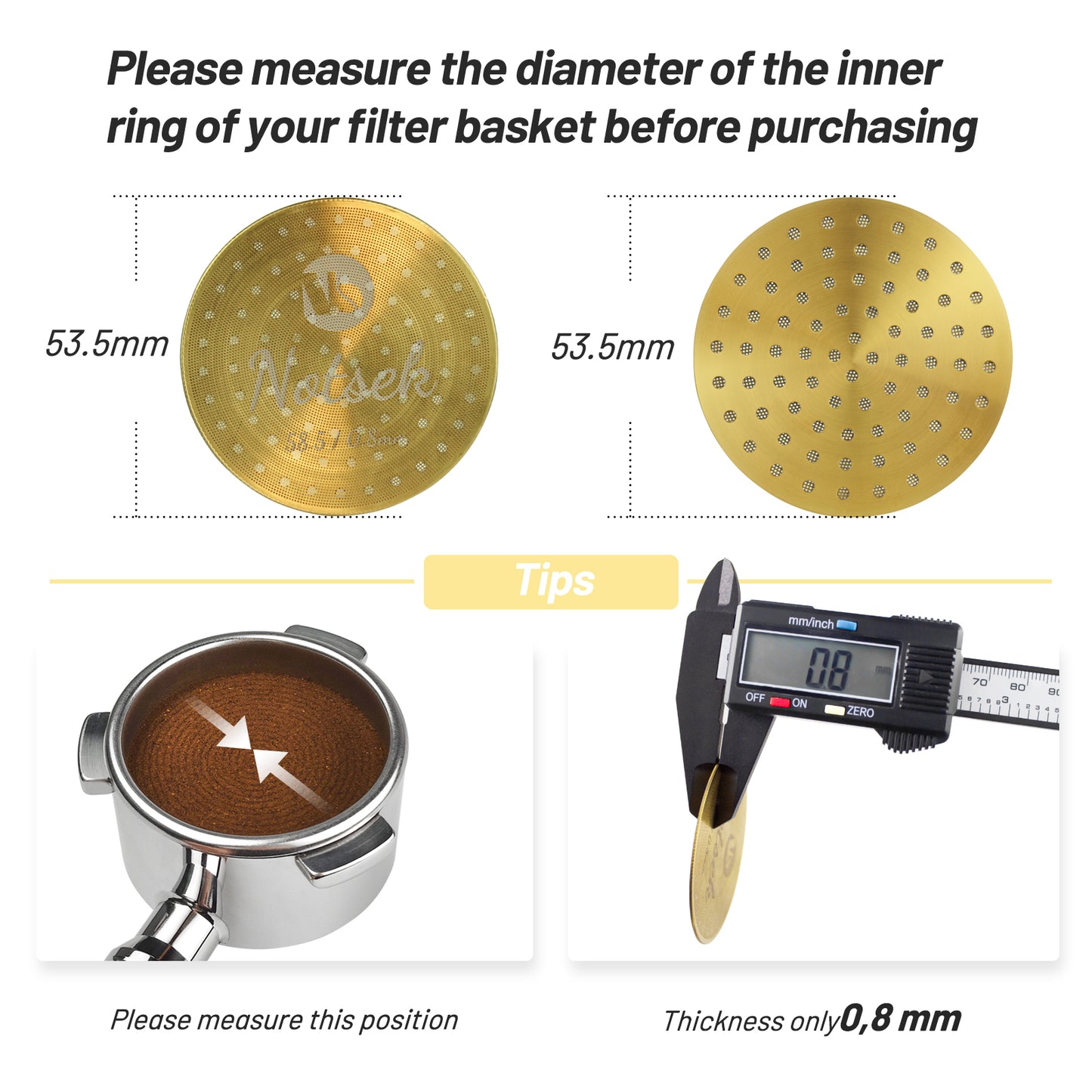 NOTSEK 53.5mm Espresso Puck Screen, 0.8mm Thickness Espresso Filter Screen with Titanium Coating, 304 Stainless Steel Coffee Puck Screen for 54mm Portafilter Basket (Gold)