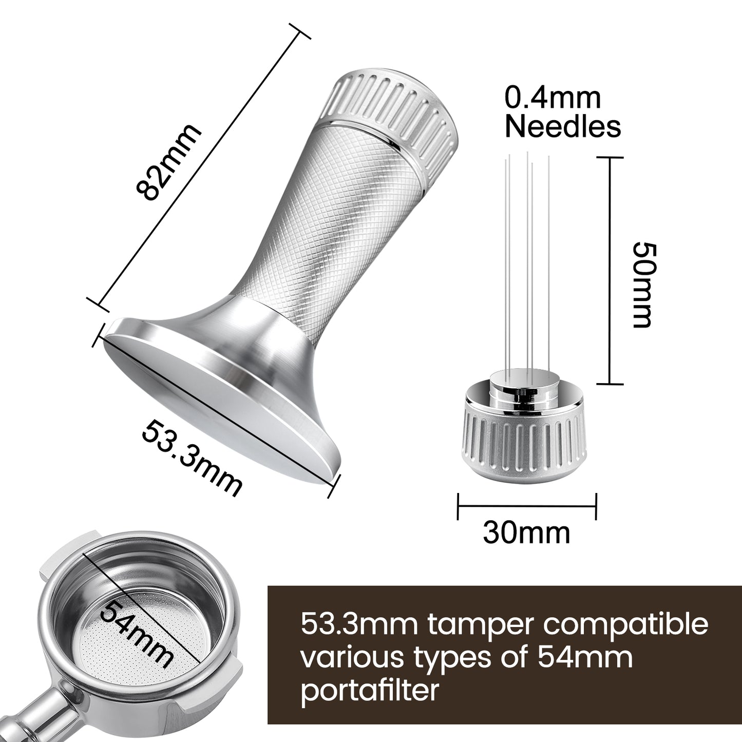 2 in 1 53.3mm Espresso Tamper & WDT Tool, Coffee Tamper with Espresso Stirrer, Convex Curved Base, Stainless Steel, Espresso Presser Tool, Tamper for Breville Espresso Machine (Silver)