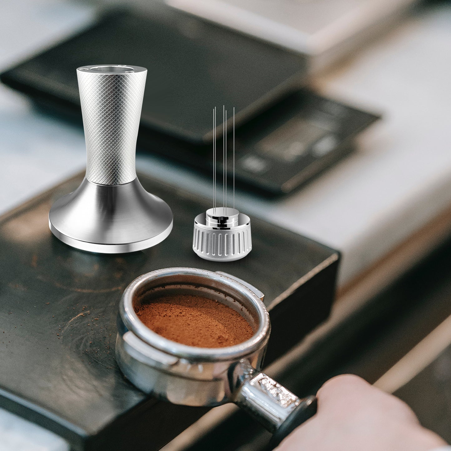 2 in 1 53.3mm Espresso Tamper & WDT Tool, Coffee Tamper with Espresso Stirrer, Convex Curved Base, Stainless Steel, Espresso Presser Tool, Tamper for Breville Espresso Machine (Silver)