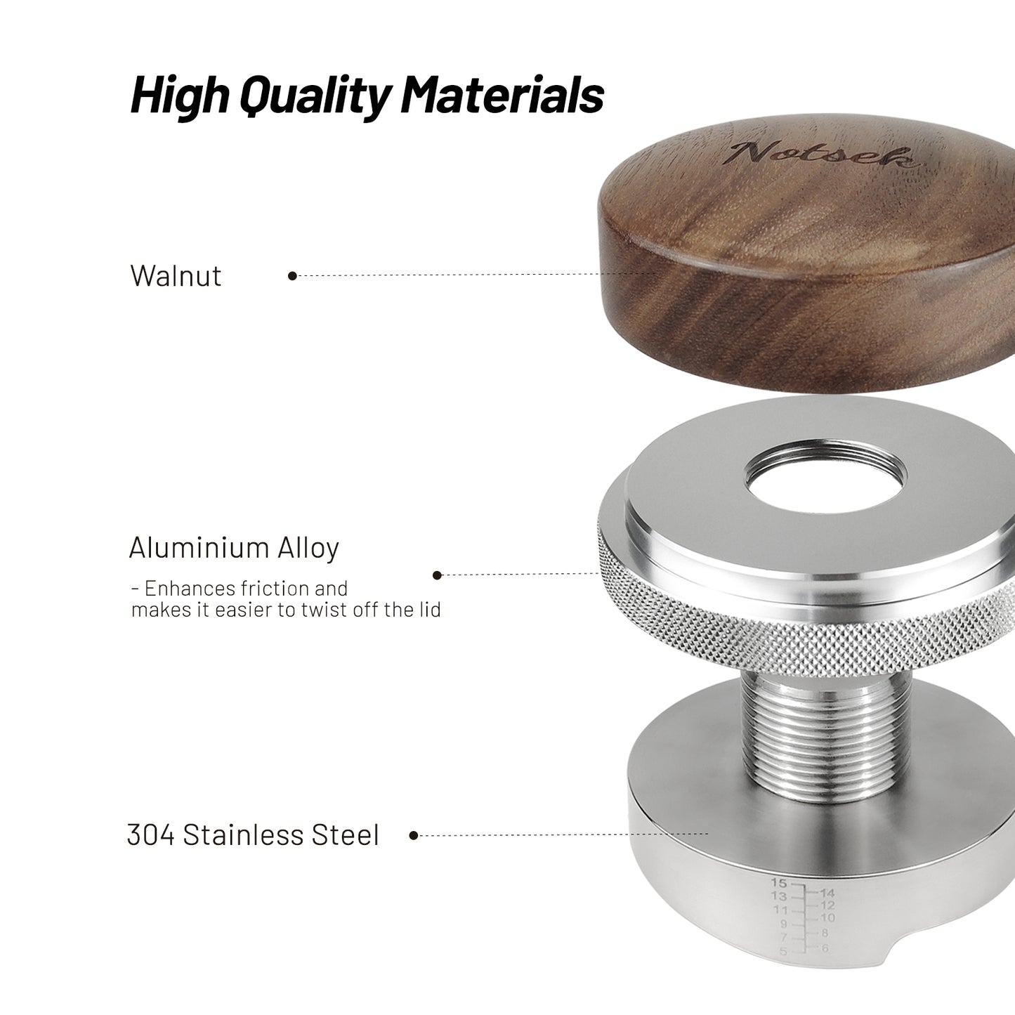 NOTSEK 51mm Coffee Distributor, Walnut Wood Espresso Distributor with Stainless Steel Base, Adjustable Depth Espresso Leveler, Coffee Distribution Tool for 51mm Portafilter