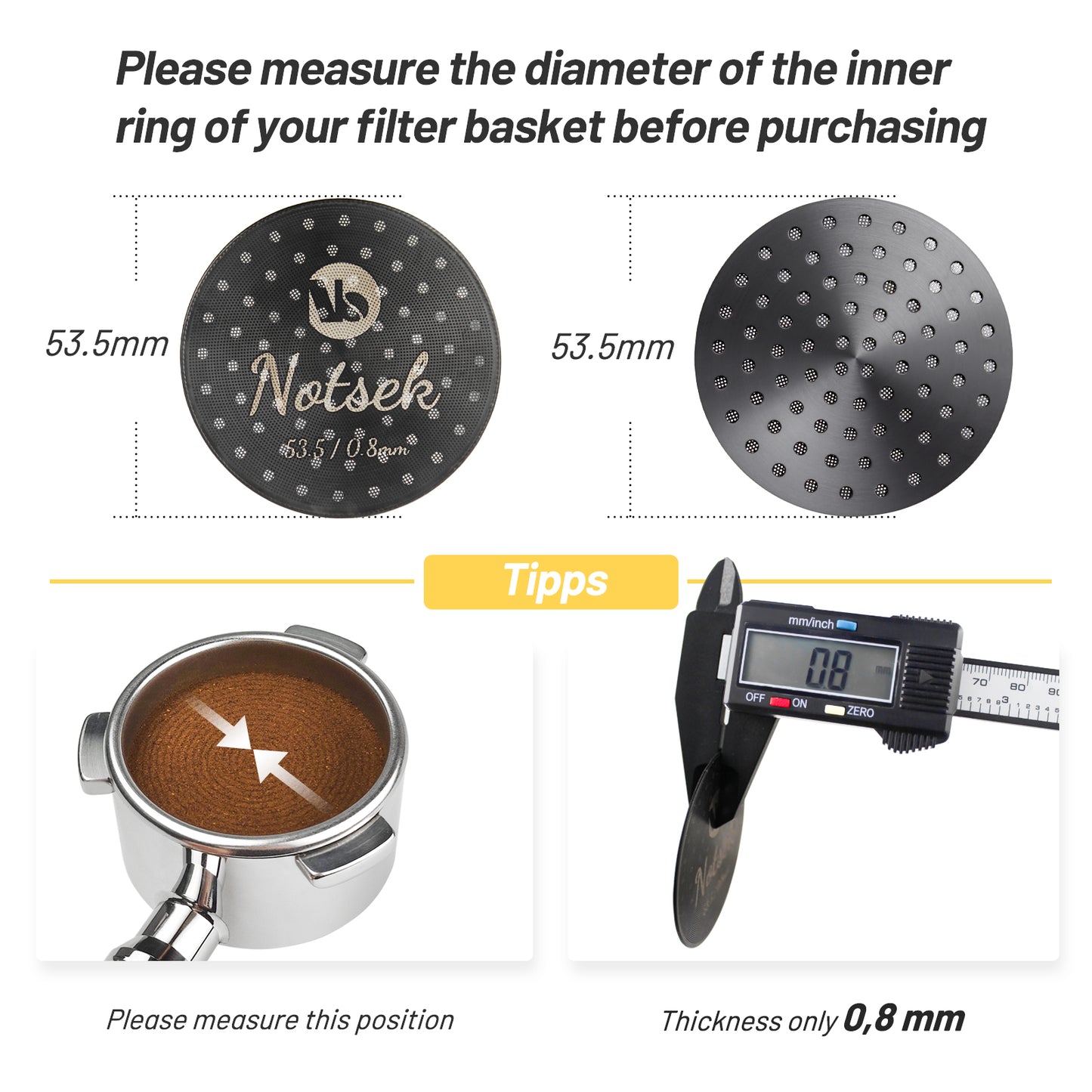 NOTSEK 53.5mm Espresso Puck Screen, 0.8mm Thickness Espresso Filter Screen with Titanium Coating, 304 Stainless Steel Coffee Puck Screen for 54mm Portafilter Basket (Black)