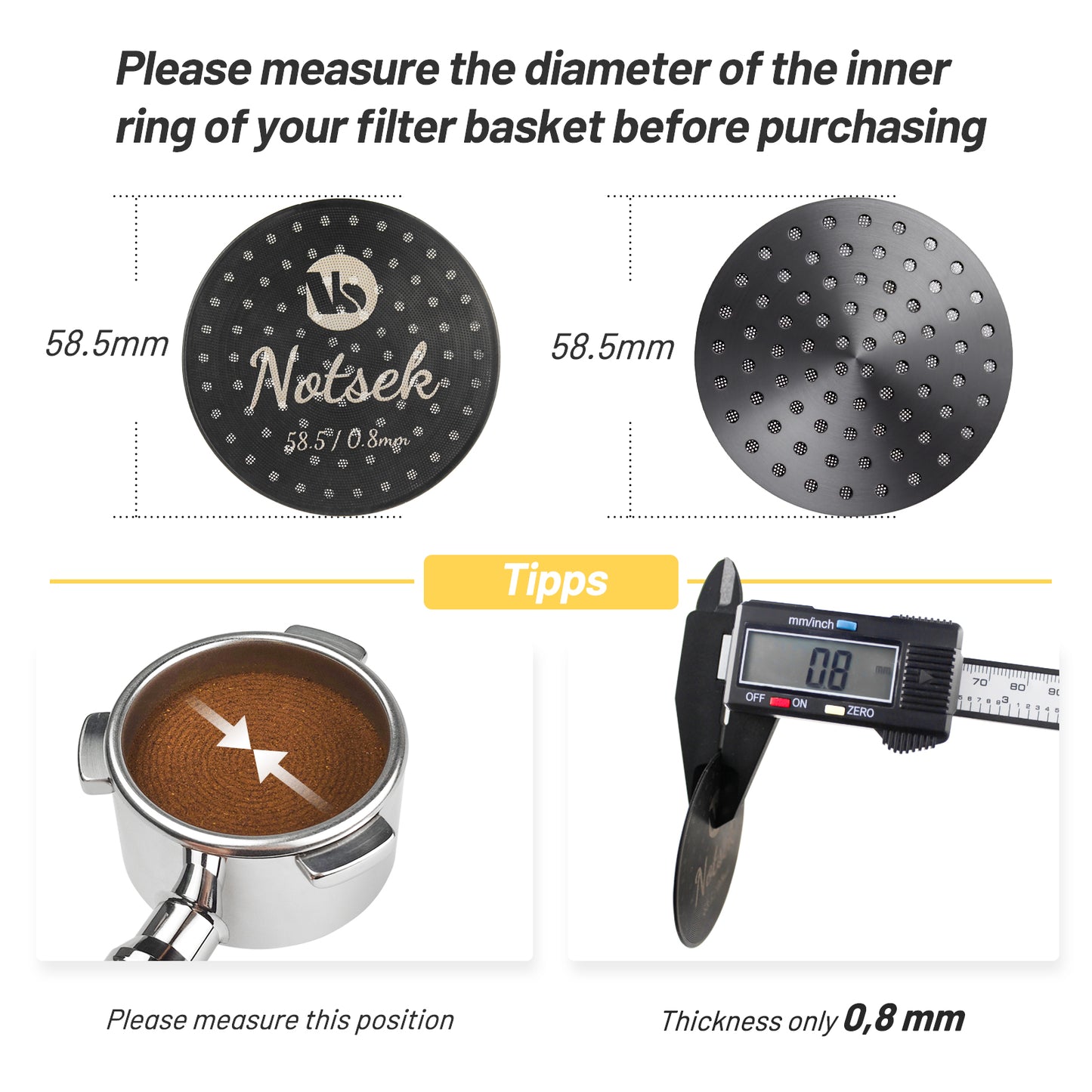 NOTSEK 58.5mm Espresso Puck Screen, 0.8mm Thickness Espresso Filter Screen with Titanium Coating, 304 Stainless Steel Espresso Screen for 58mm Portafilter Basket (Black)